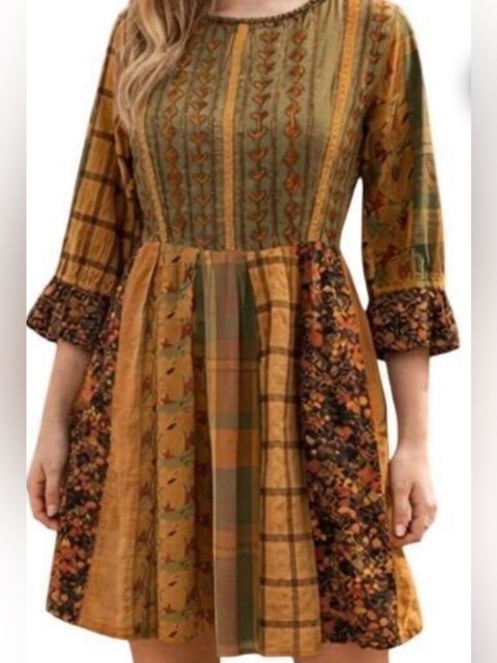 Boho Patchwork Casual Midi Dress in Mustard and Burgundy - Picture 14 of 14